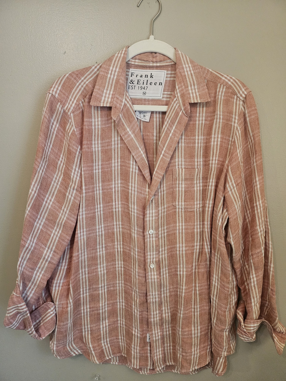 Frank & Eileen Coral Pink Plaid Button-Down Blouse
